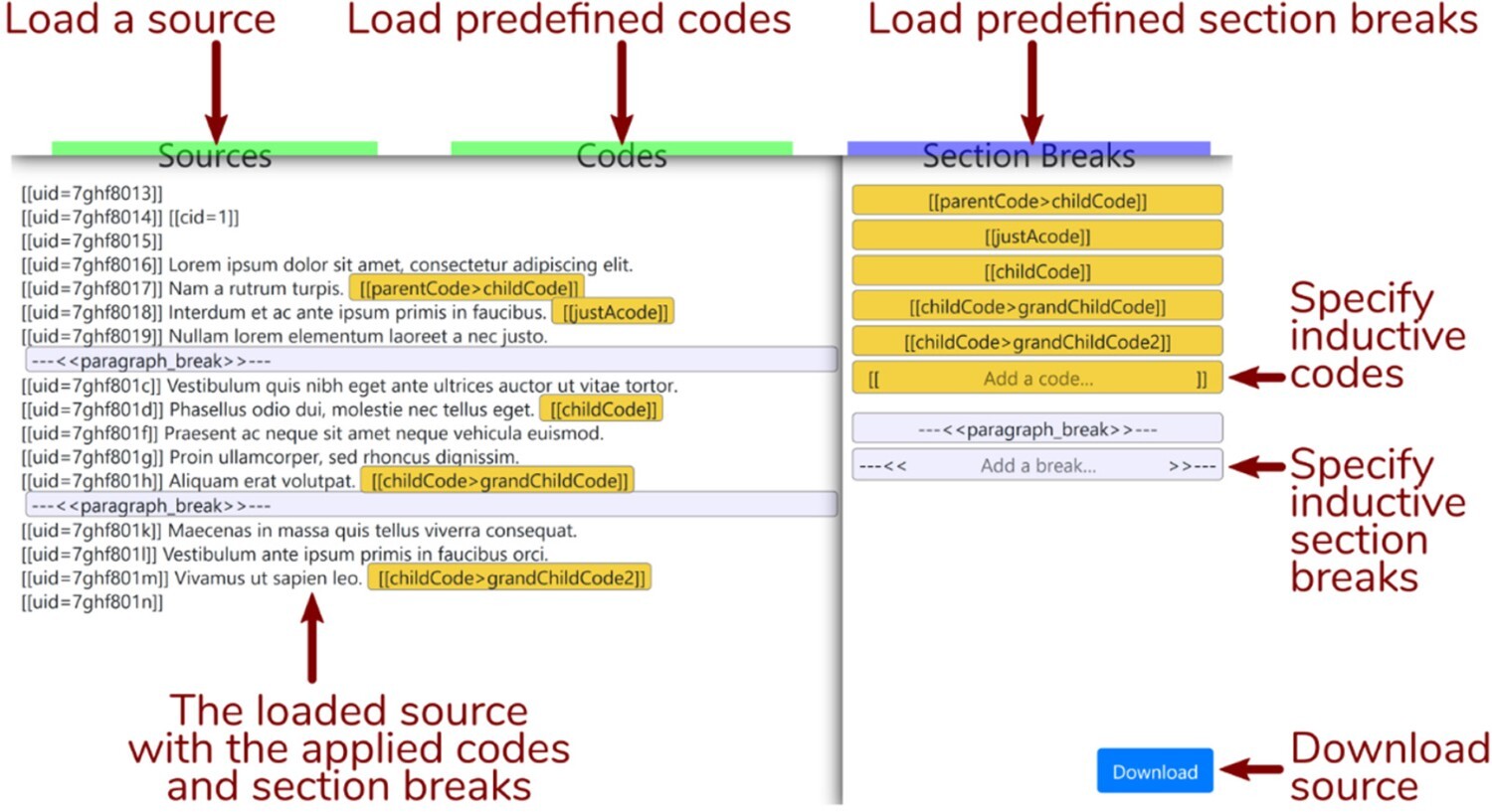 A screenshot of the iROCK app, with a codes source in a left-hand panel, and codes and section breaks in the right-hand panel.